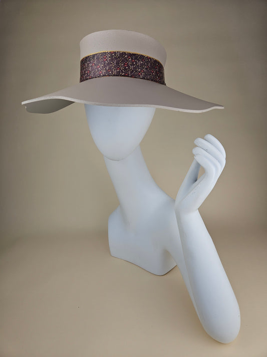 Tall Peach Gray Lotus Sun Visor Hat with Elegant Dark Red and Purple Floral Band: Tea, Walks, Brunch, Fancy, Golf, Summer, Church, No Headache, Pool