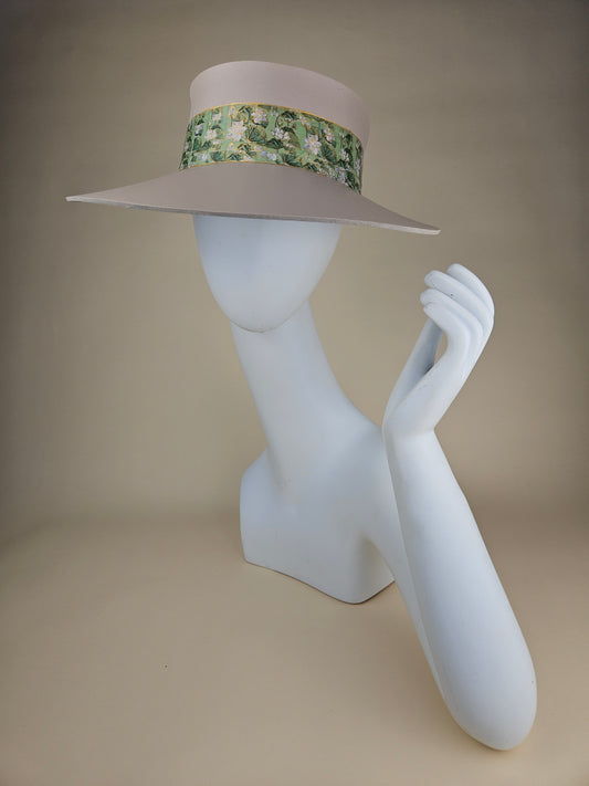 Tall Peach Gray Audrey Sun Visor Hat with White and Green Botanical Band: Tea, Walks, Brunch, Fancy, Golf, Summer, Church, No Headache, Pool