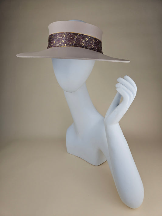 Peach Gray Audrey Sun Visor Hat with Pretty Dark Purple, Red and Gold Band: Tea, Walks, Brunch, Fancy, Golf, Summer, Church, No Headache, Pool