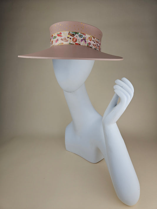 Tall Pretty Peachy Pink Audrey Sun Visor Hat with Cute Beach Themed Band and Gold Polka Dots: 1940s, Walks, Brunch, Tea, Golf, Wedding, Church, No Headache, Easter, Pool, Beach, Big Brim