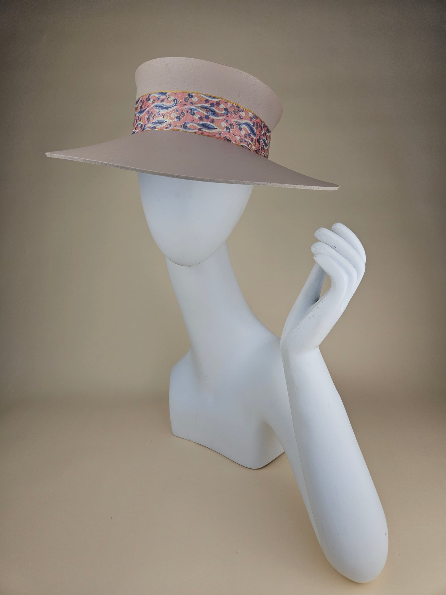 Tall Peach Gray Audrey Sun Visor Hat with Whimsical Pink and Lavender Blue Floral Band: Tea, Walks, Brunch, Fancy, Golf, Summer, Church, No Headache, Beach