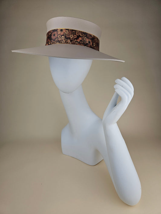 Peach Gray Audrey Sun Visor Hat with Rust Brown Floral Band: Tea, Walks, Brunch, Fancy, Golf, Summer, Church, No Headache, Beach