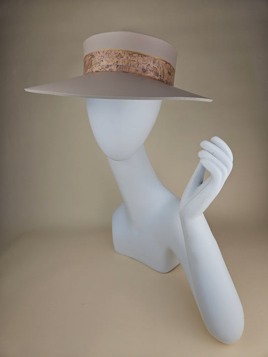 Peachy Beige Audrey Sun Visor Hat with Vintage Style Collage Band: UV Resistant, Walks, Brunch, Tea, Golf, Wedding, Church, No Headache, 1940s Pool, Beach, Big Brim, Summer