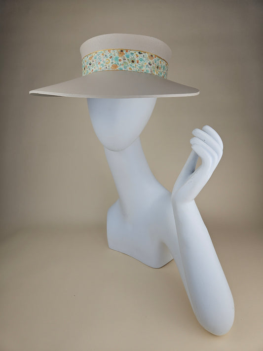Gray Beige Audrey Sun Visor Hat with Elegant Blue Green and Orange Floral Band: Tea, Walks, Brunch, Fancy, Golf, Summer, Church, No Headache, Pool