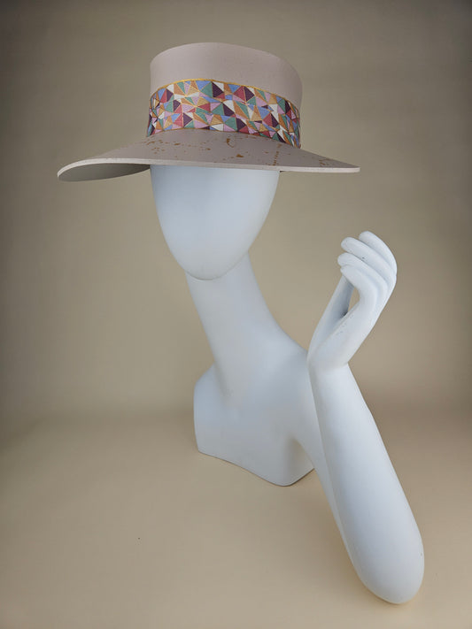 Tall Peach Gray Audrey Sun Visor Hat with Multicolor Pastel Geometric Band and Gold Paint Splatter Effect: Tea, Walks, Brunch, Fancy, Golf, Summer, Church, No Headache, Beach
