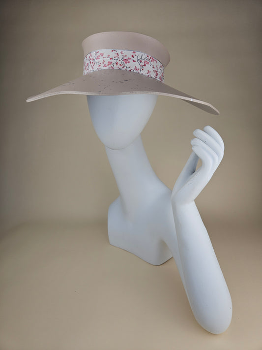 Peach Gray Lotus Sun Visor Hat with Cherry Blossom Floral Band and Silver Paint Splatter Effect: Tea, Walks, Brunch, Fancy, Golf, Summer, Church, No Headache, Beach