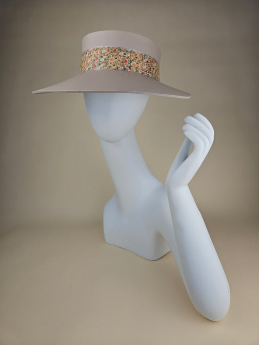 Tall Peach Gray Audrey Sun Visor Hat with Peach and Orange Floral Band: Tea, Walks, Brunch, Fancy, Golf, Summer, Church, No Headache, Beach