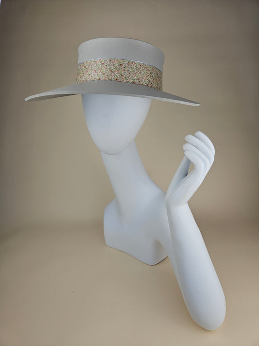 Tall Gorgeous Gray Audrey Foam Sun Visor Hat with Multicolor Floral Band: Tea, Walks, Brunch, Fancy, Golf, Summer, Church, No Headache, Pool