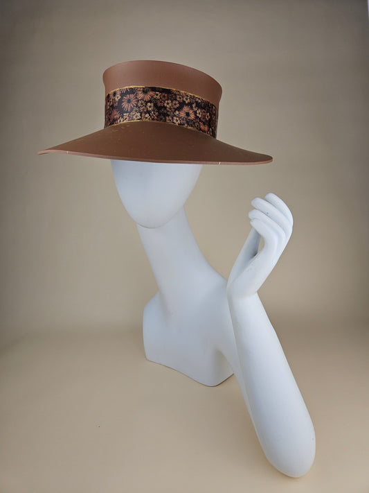 Tall Caramel Brown Audrey Sun Visor Hat with Fancy Brown Floral Band and Gold Paint Splatter Effect: UV Resistant, Walks, 1950s, Brunch, Tea, Golf, Wedding, Church, No Headache, Easter, Pool, Beach, Big Brim