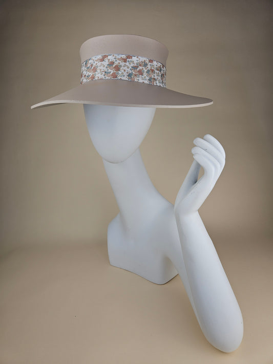 Tall Peach Gray Audrey Sun Visor Hat with Muted and Pretty Floral Band: Tea, Walks, Brunch, Fancy, Golf, Summer, Church, No Headache, Pool