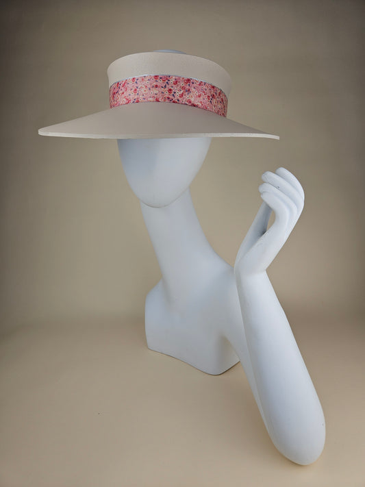 Gray Beige Audrey Sun Visor Hat with Elegant Pink Floral Band: Tea, Walks, Brunch, Fancy, Golf, Summer, Church, No Headache, Pool