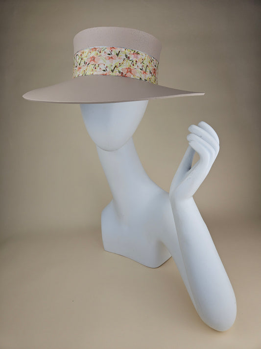 Tall Peach Gray Audrey Sun Visor Hat with Pretty Peach Floral Band: Tea, Walks, Brunch, Fancy, Golf, Summer, Church, No Headache, Pool