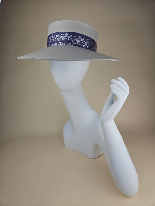 Tall Gorgeous Gray Audrey Foam Sun Visor Hat with Blue Purple and Silver Floral Band: Tea, Walks, Brunch, Fancy, Golf, Summer, Church, No Headache, Pool