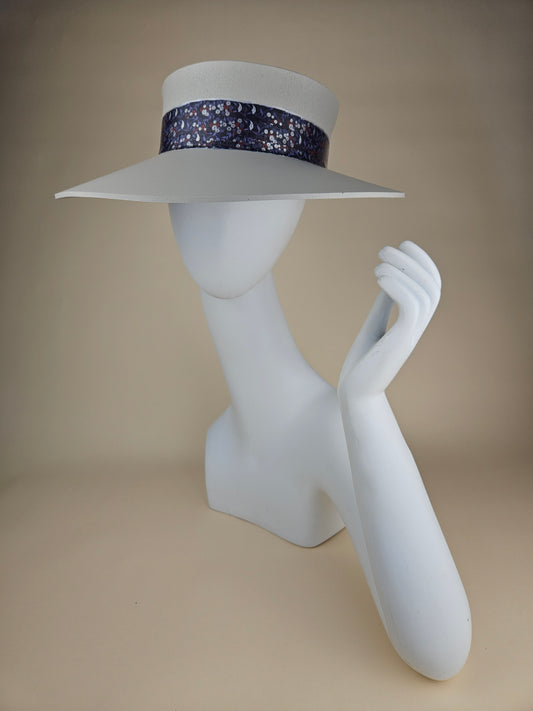 Tall Gorgeous Gray Audrey Foam Sun Visor Hat with Blue Purple, Red and Silver Floral Band: Tea, Walks, Brunch, Fancy, Golf, Summer, Church, No Headache, Pool