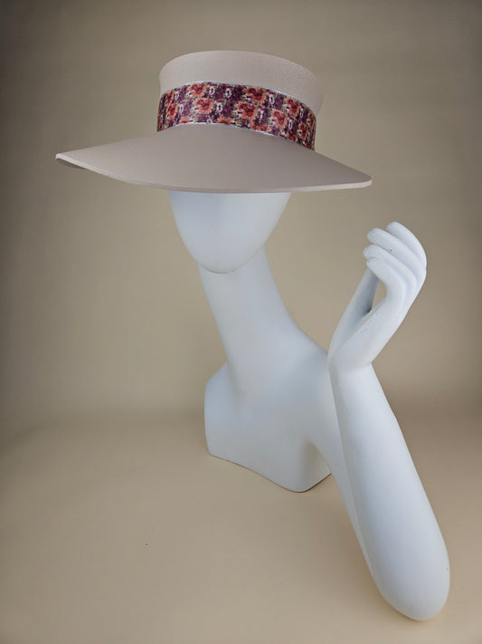 Gray Beige Audrey Sun Visor Hat with Bright Purple and Orange Floral Band: Tea, Walks, Brunch, Fancy, Golf, Summer, Church, No Headache, Pool