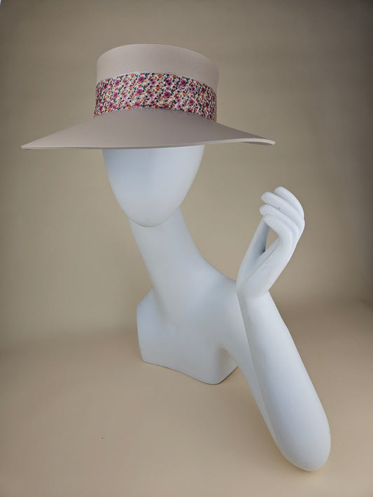 Tall Peach Gray Audrey Sun Visor Hat with Pretty Multicolor Floral Band: Tea, Walks, Brunch, Fancy, Golf, Summer, Church, No Headache, Pool