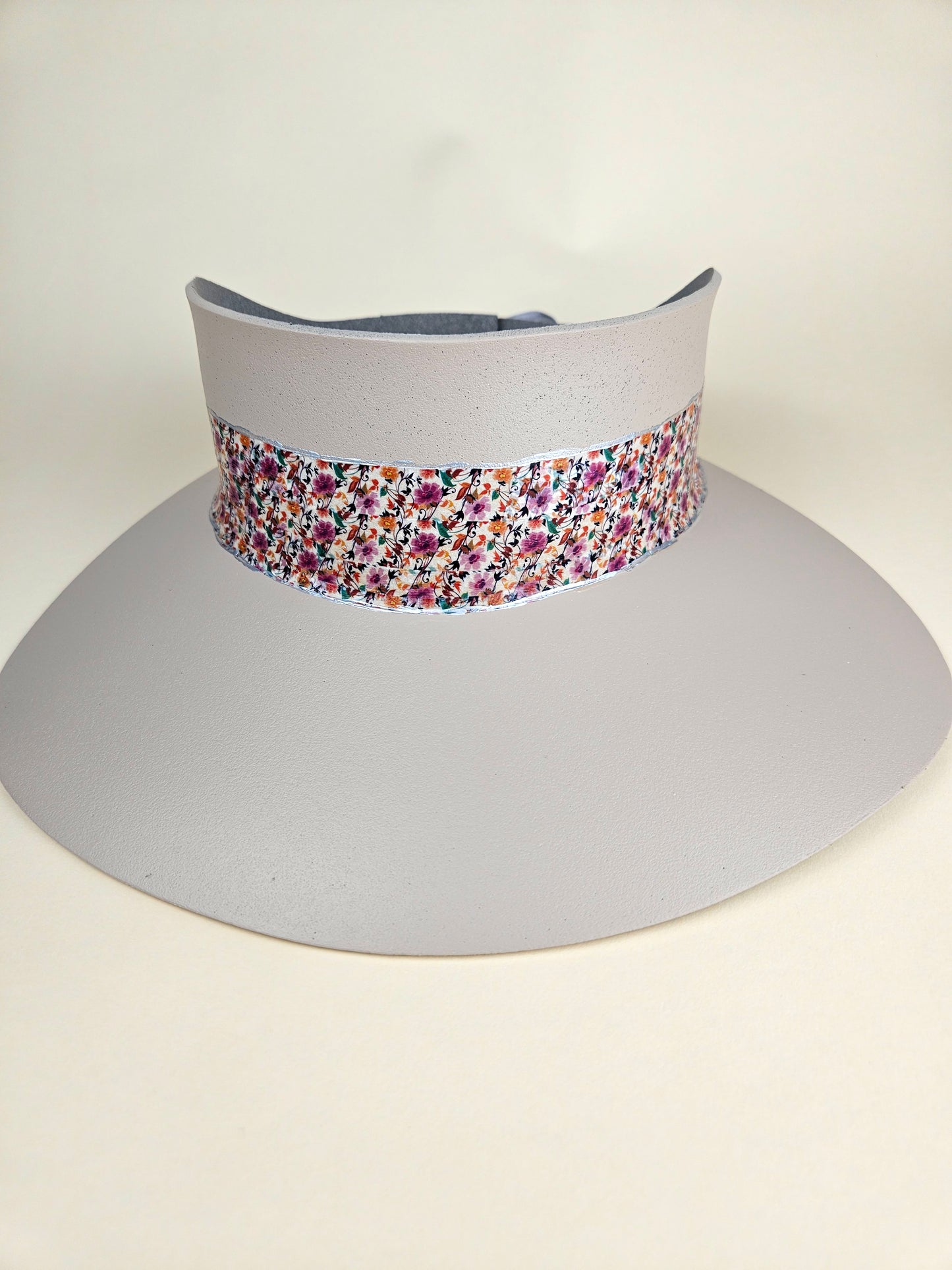 Tall Peach Gray Audrey Sun Visor Hat with Pretty Multicolor Floral Band: Tea, Walks, Brunch, Fancy, Golf, Summer, Church, No Headache, Pool