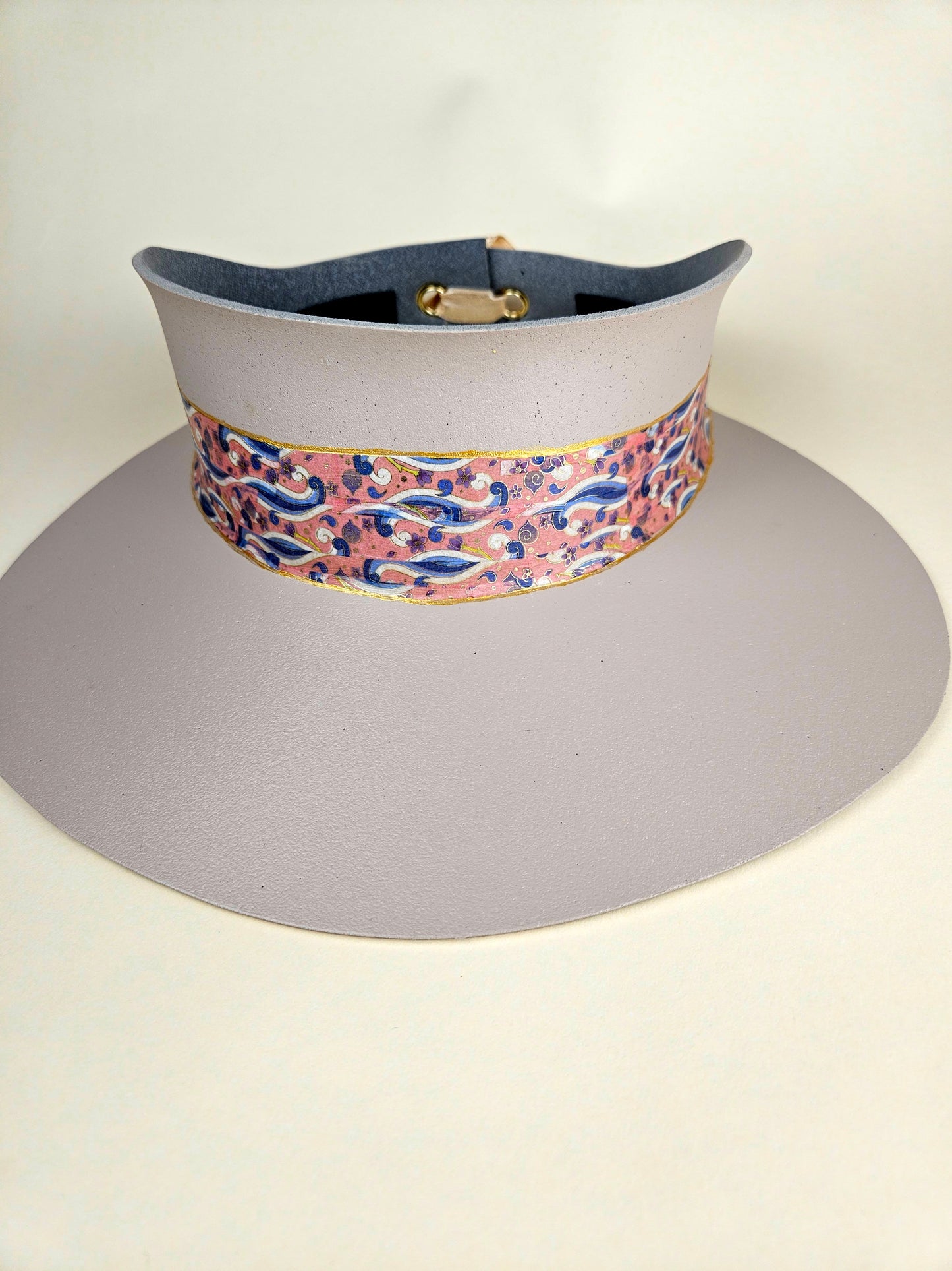 Tall Peach Gray Audrey Sun Visor Hat with Whimsical Pink and Lavender Blue Floral Band: Tea, Walks, Brunch, Fancy, Golf, Summer, Church, No Headache, Beach
