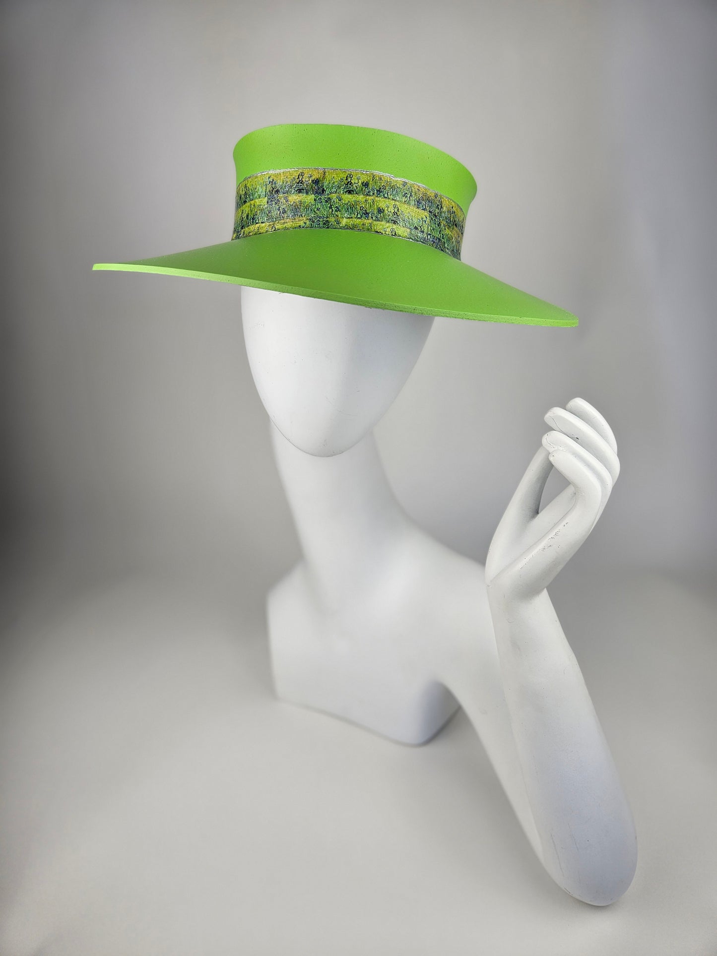 Neon Green Audrey Sun Visor Hat with Elegant Botanical Band: 1950s, Walks, Brunch, Asian, Golf, Summer, Church, No Headache, Pool, Beach