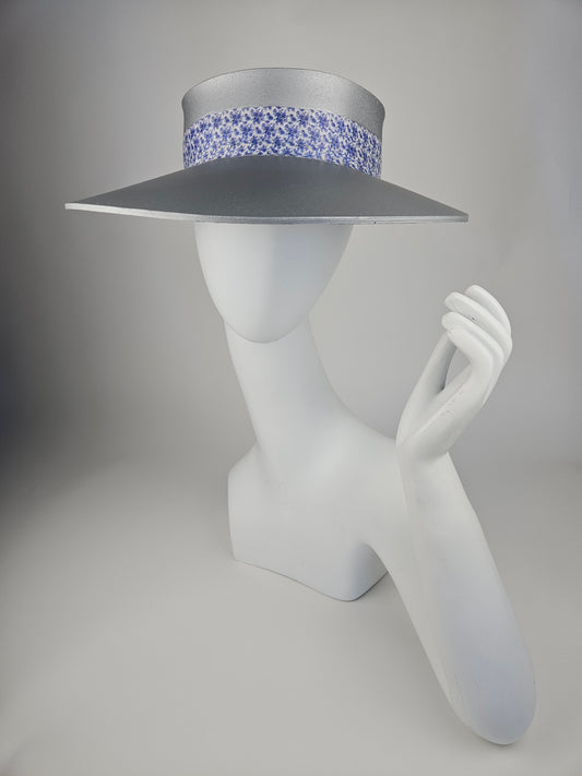 Trending Silver Audrey Sun Visor Hat with Stylish China Blue Band: 1950s, Walks, Brunch, Asian, Golf, Summer, Church, No Headache, Pool, Beach