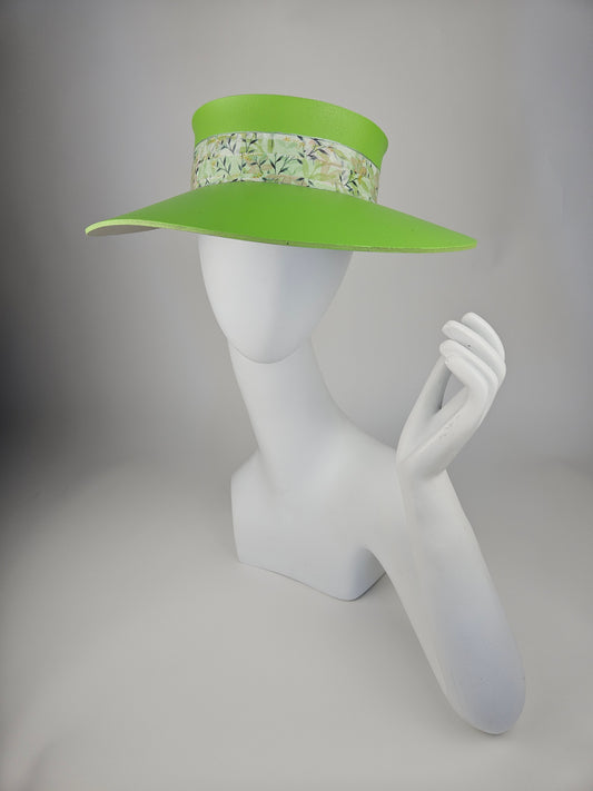 Neon Green Audrey Sun Visor Hat with Beautiful Botanical Band: 1950s, Walks, Brunch, Asian, Golf, Summer, Church, No Headache, Pool, Beach