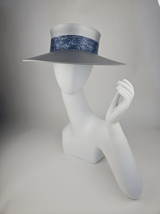 Tall Trending Silver Audrey Sun Visor Hat with Dark Blue Purple Celestial Themed Band: 1950s, Walks, Brunch, Asian, Golf, Summer, Church, No Headache, Pool, Beach