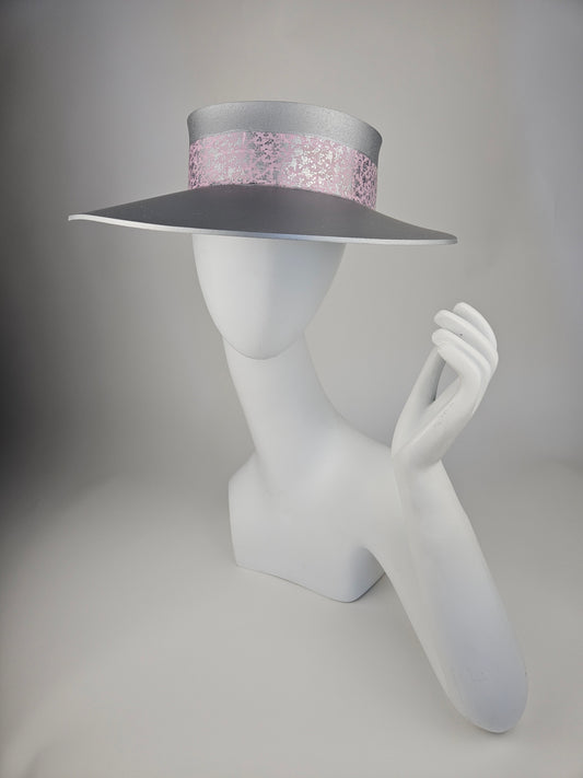 Tall Trending Silver Audrey Sun Visor Hat with Pink and Silver Floral Band: 1950s, Walks, Brunch, Asian, Golf, Summer, Church, No Headache, Pool, Beach