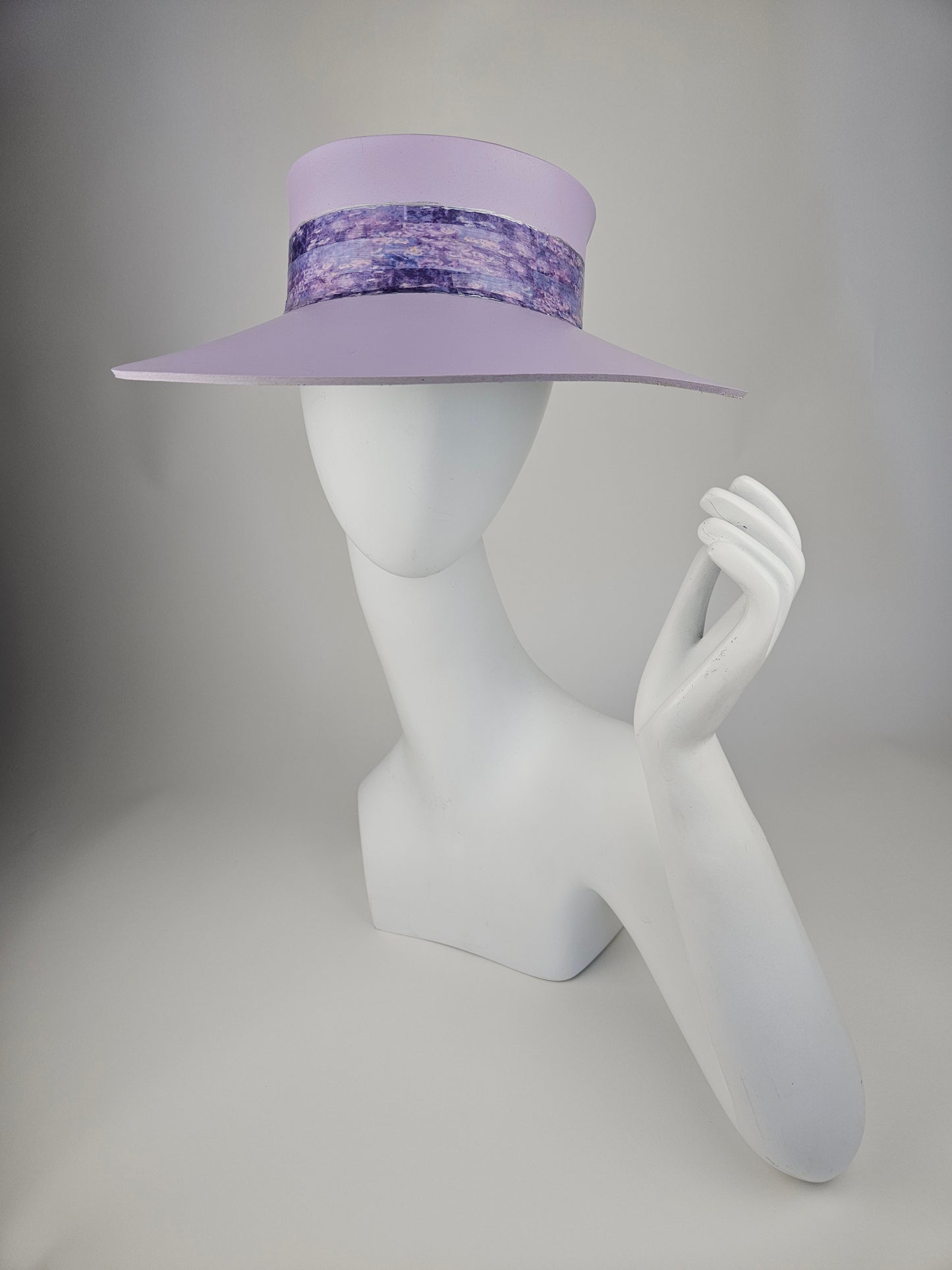 Tall Lilac Purple Audrey Sun Visor Hat with Elegant Purple Monet Style Band: 1950s, Walks, Brunch, Asian, Golf, Summer, Church, No Headache, Pool, Beach