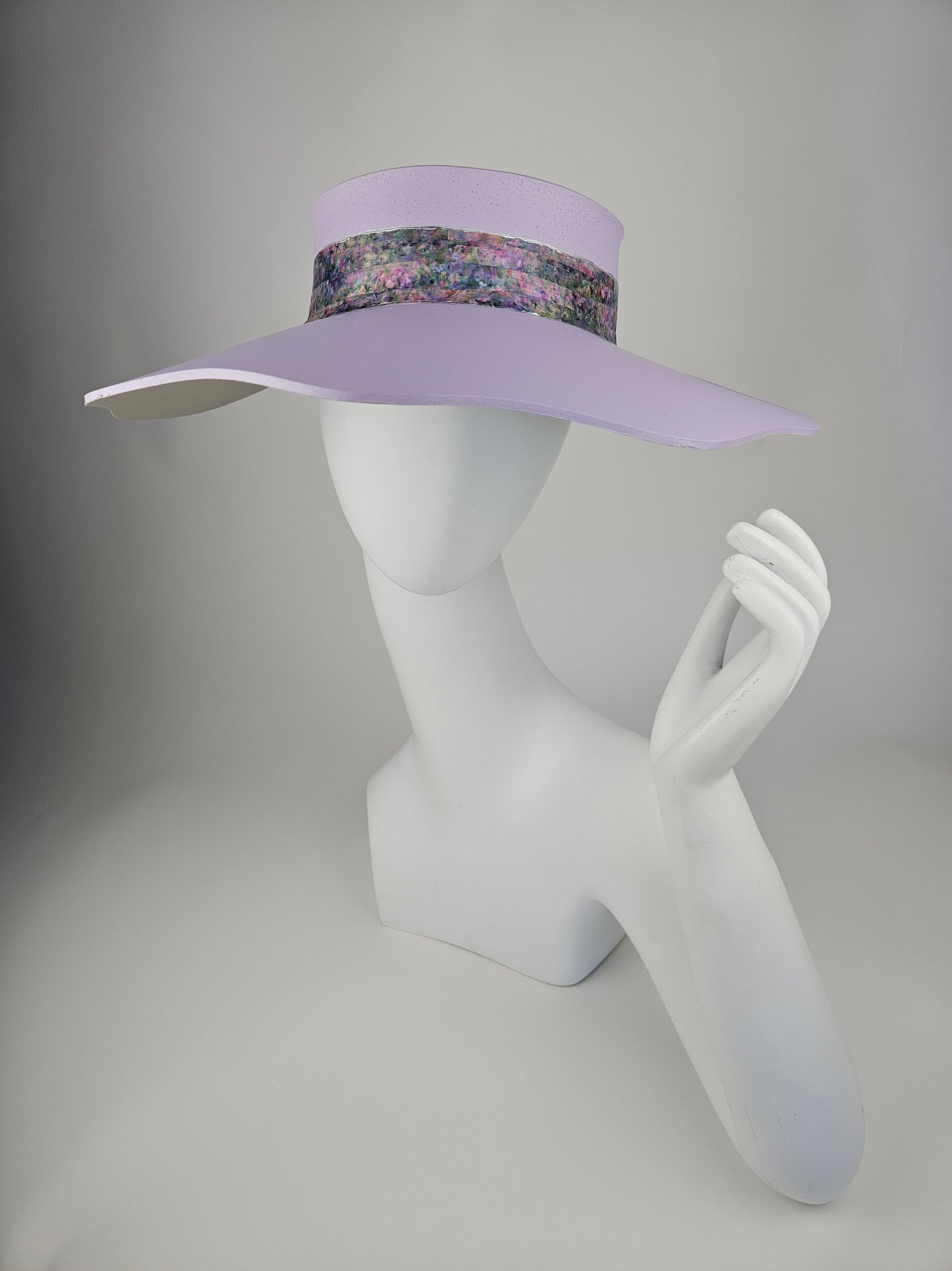 Lilac Purple Lotus Sun Visor Hat with Elegant Monet Style Floral Band and Silver Paint Splatter Effect: 1950s, Walks, Brunch, Asian, Golf, Summer, Church, No Headache, Pool, Beach