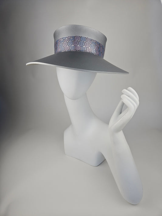 Tall Trending Silver Audrey Sun Visor Hat with Blue, Lavender and Silver Geometric Band: 1950s, Walks, Brunch, Asian, Golf, Summer, Church, No Headache, Pool, Beach