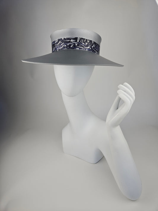 Trending Silver Audrey Sun Visor Hat with Dark Blue and Silver Celestial Themed Band: 1950s, Walks, Brunch, Asian, Golf, Summer, Church, No Headache, Pool, Beach