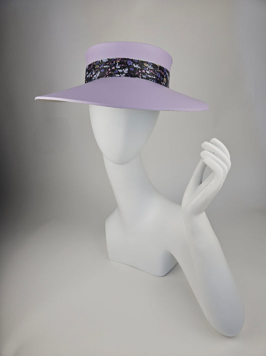 Lilac Purple Audrey Sun Visor Hat with Elegant Black and Multicolor Floral Band: 1950s, Walks, Brunch, Asian, Golf, Summer, Church, No Headache, Pool, Beach