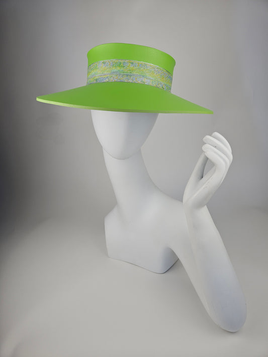 Neon Green Audrey Sun Visor Hat with Beautiful Pastel Monet Style Band: 1950s, Walks, Brunch, Asian, Golf, Summer, Church, No Headache, Pool, Beach