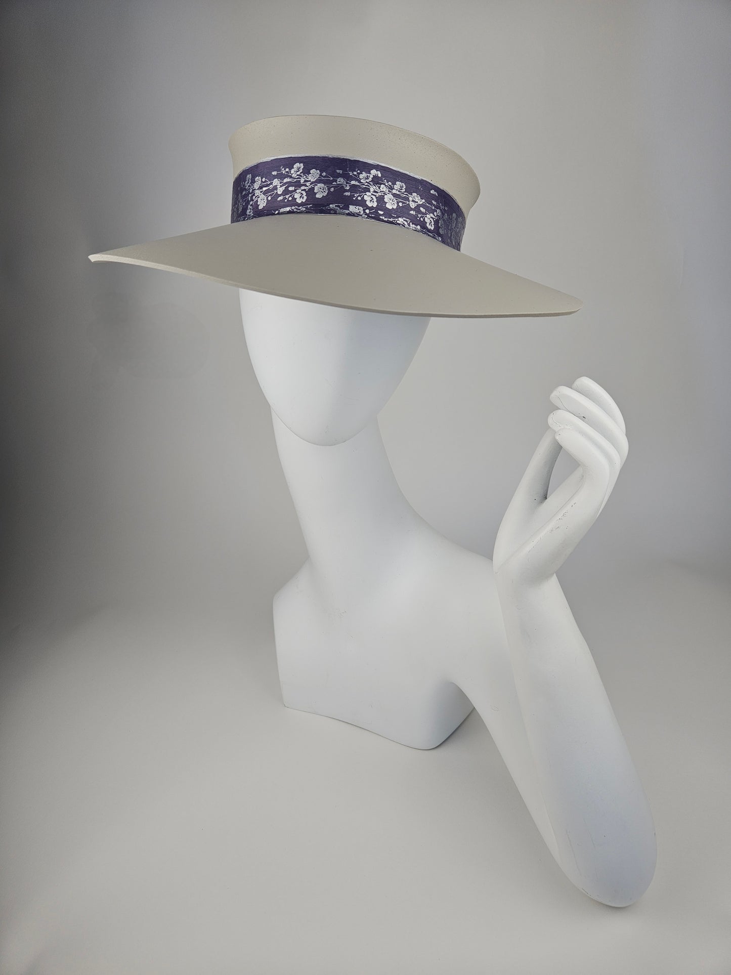 Gorgeous Gray Beige Audrey Foam Sun Visor Hat with Blue Purple Silver Floral Band: Tea, Walks, Brunch, Fancy, Golf, Summer, Church, No Headache, Pool