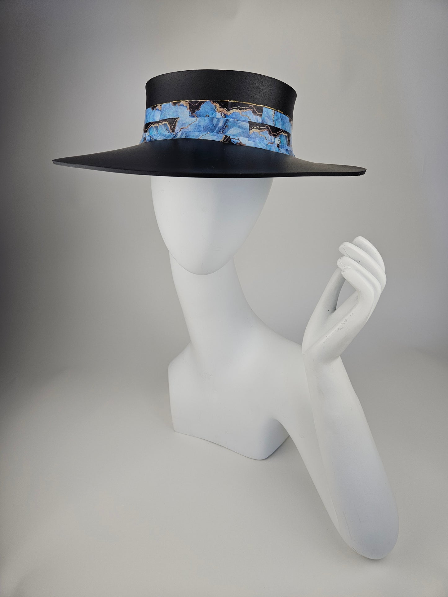 Timeless Black Audrey Foam Sun Visor Hat with Elegant Marbled Blue Band: 1920s, Walks, Brunch, Tea, Golf, Wedding, Church, No Headache, Easter, Pool, Beach