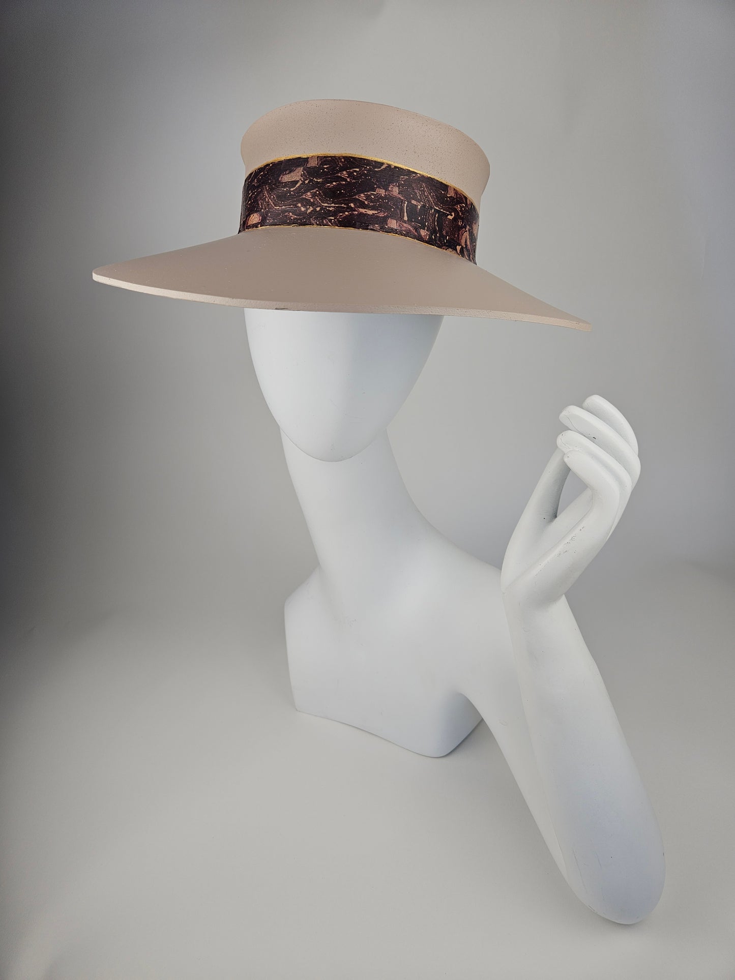 Tall Peach Gray Audrey Foam Sun Visor Hat with Lovely Dark Purple Marbled Band: Tea, Walks, Brunch, Fancy, Golf, Summer, Church, No Headache, Pool