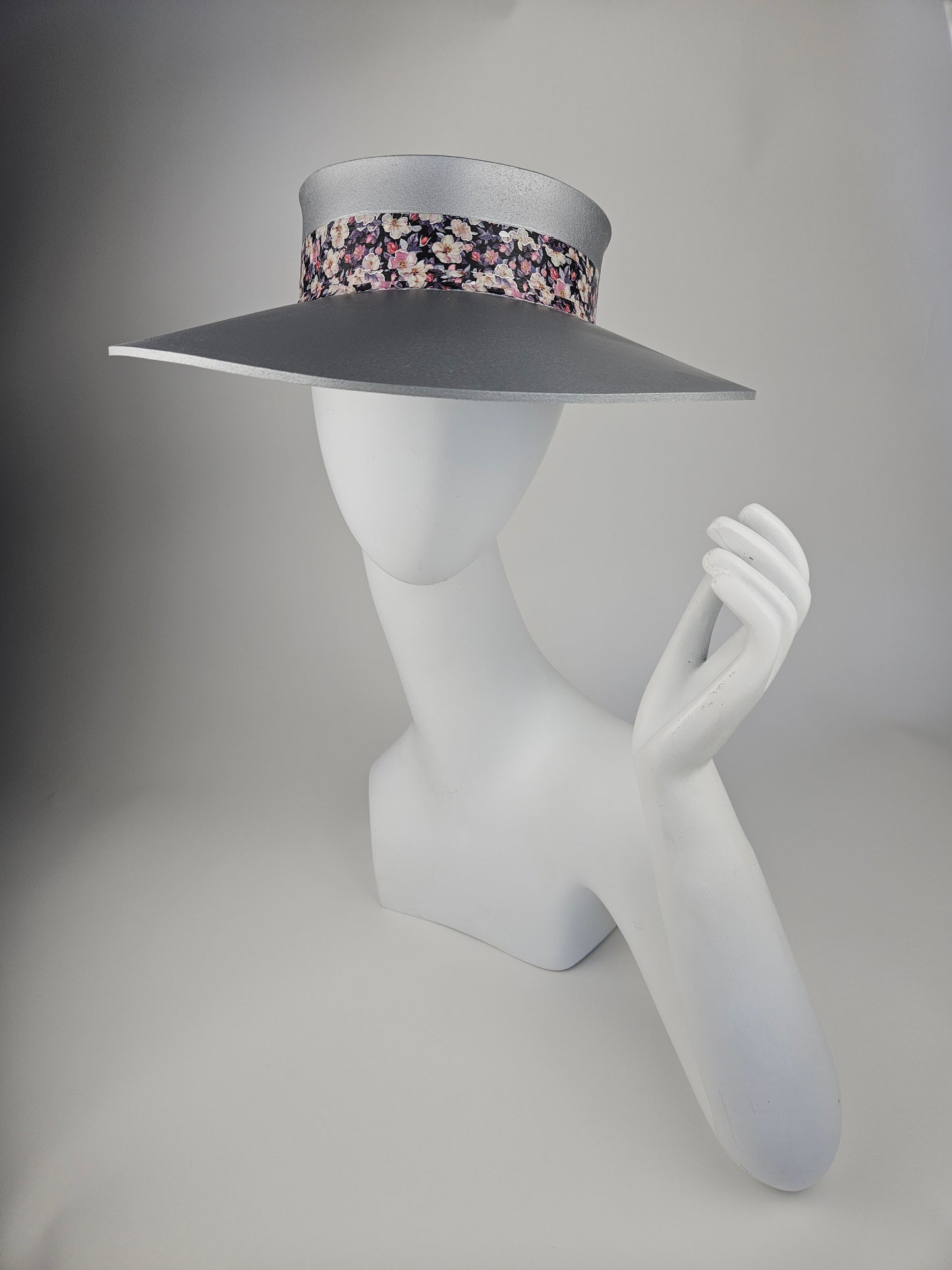 Trending Silver Audrey Sun Visor Hat with Lovely Dark Floral Band: 1950s, Walks, Brunch, Asian, Golf, Summer, Church, No Headache, Pool, Beach