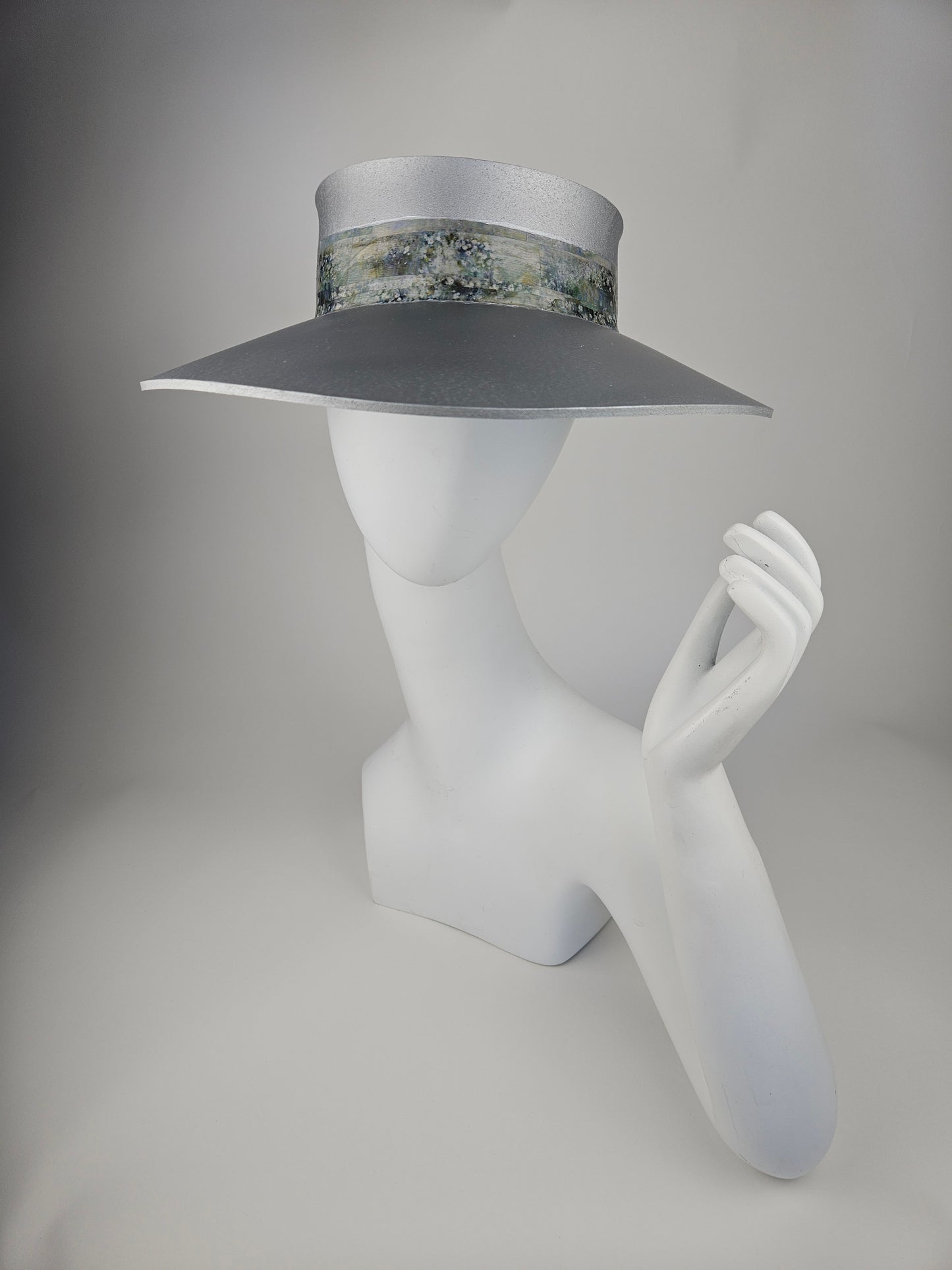 Trending Silver Audrey Sun Visor Hat with Lovely Green Monet Style Band: 1950s, Walks, Brunch, Asian, Golf, Summer, Church, No Headache, Pool, Beach