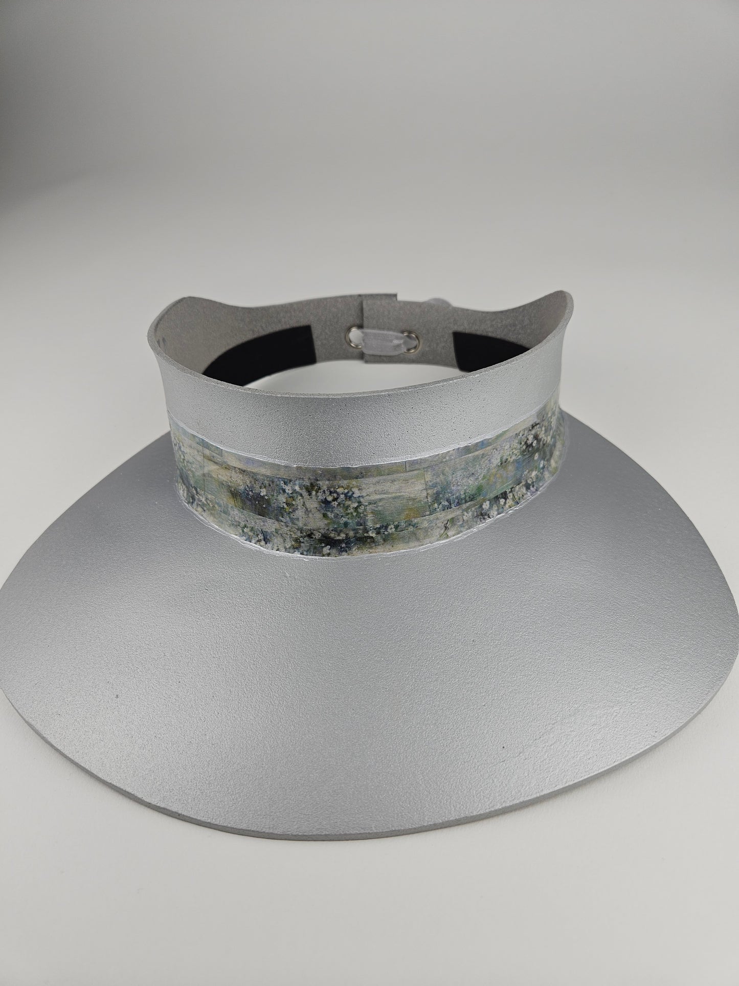 Trending Silver Audrey Sun Visor Hat with Lovely Green Monet Style Band: 1950s, Walks, Brunch, Asian, Golf, Summer, Church, No Headache, Pool, Beach