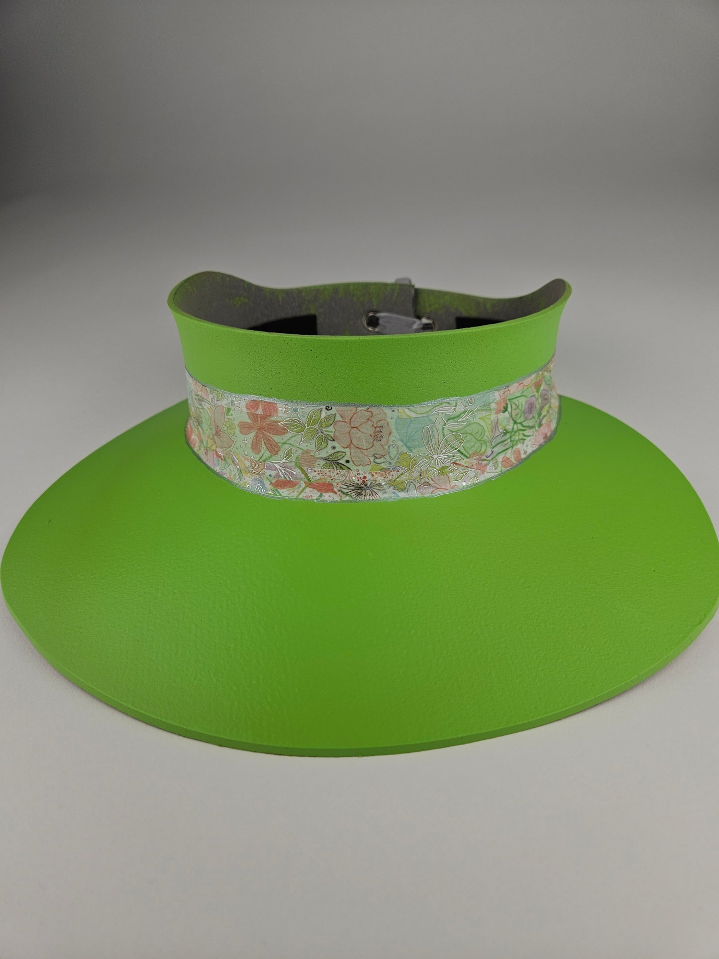 Neon Green Audrey Sun Visor Hat with Lovely Pastel Floral Band: Tea, Walks, Brunch, Asian, Golf, Summer, Church, No Headache, Pool, Beach