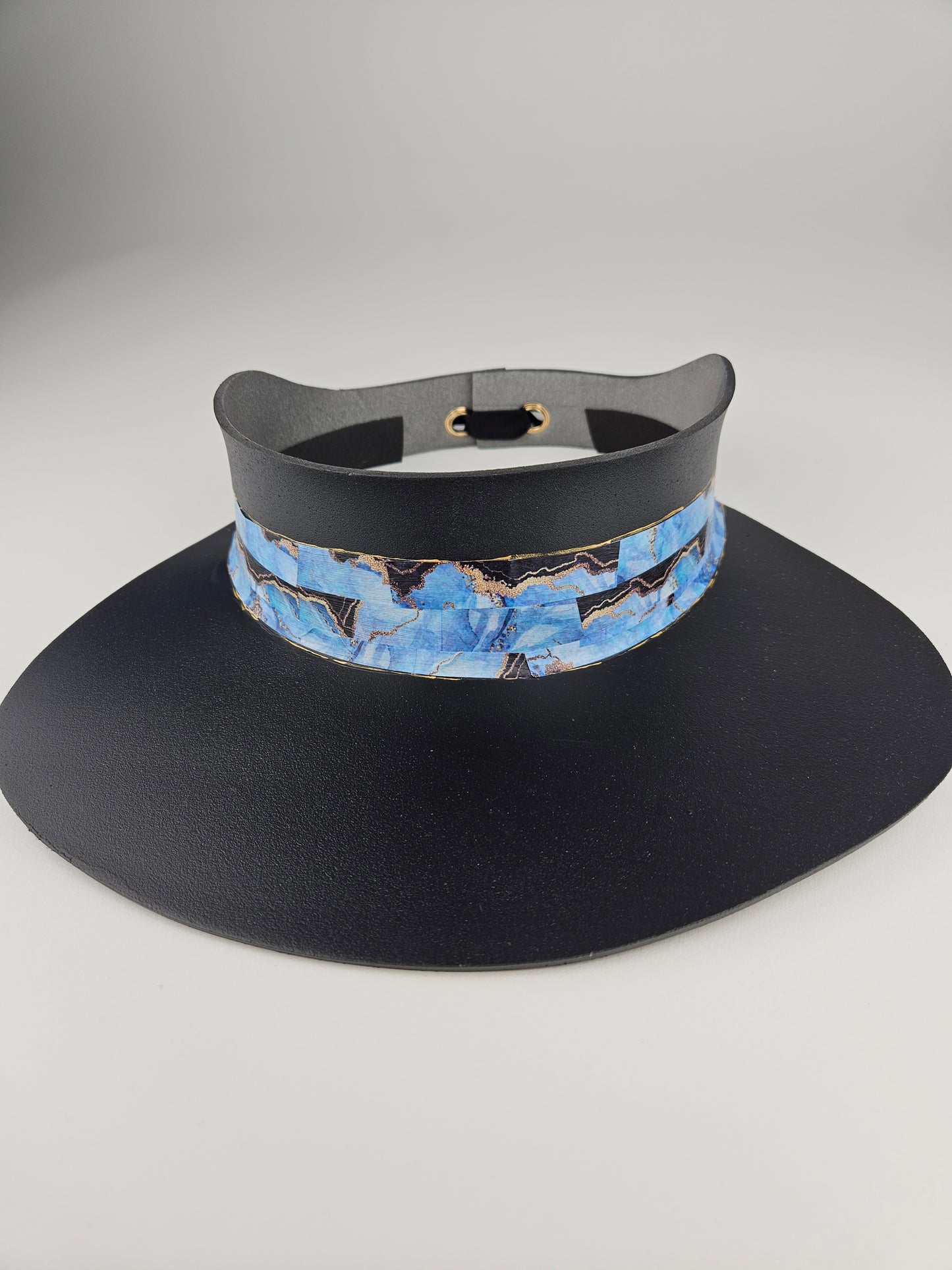 Timeless Black Audrey Foam Sun Visor Hat with Elegant Marbled Blue Band: 1920s, Walks, Brunch, Tea, Golf, Wedding, Church, No Headache, Easter, Pool, Beach