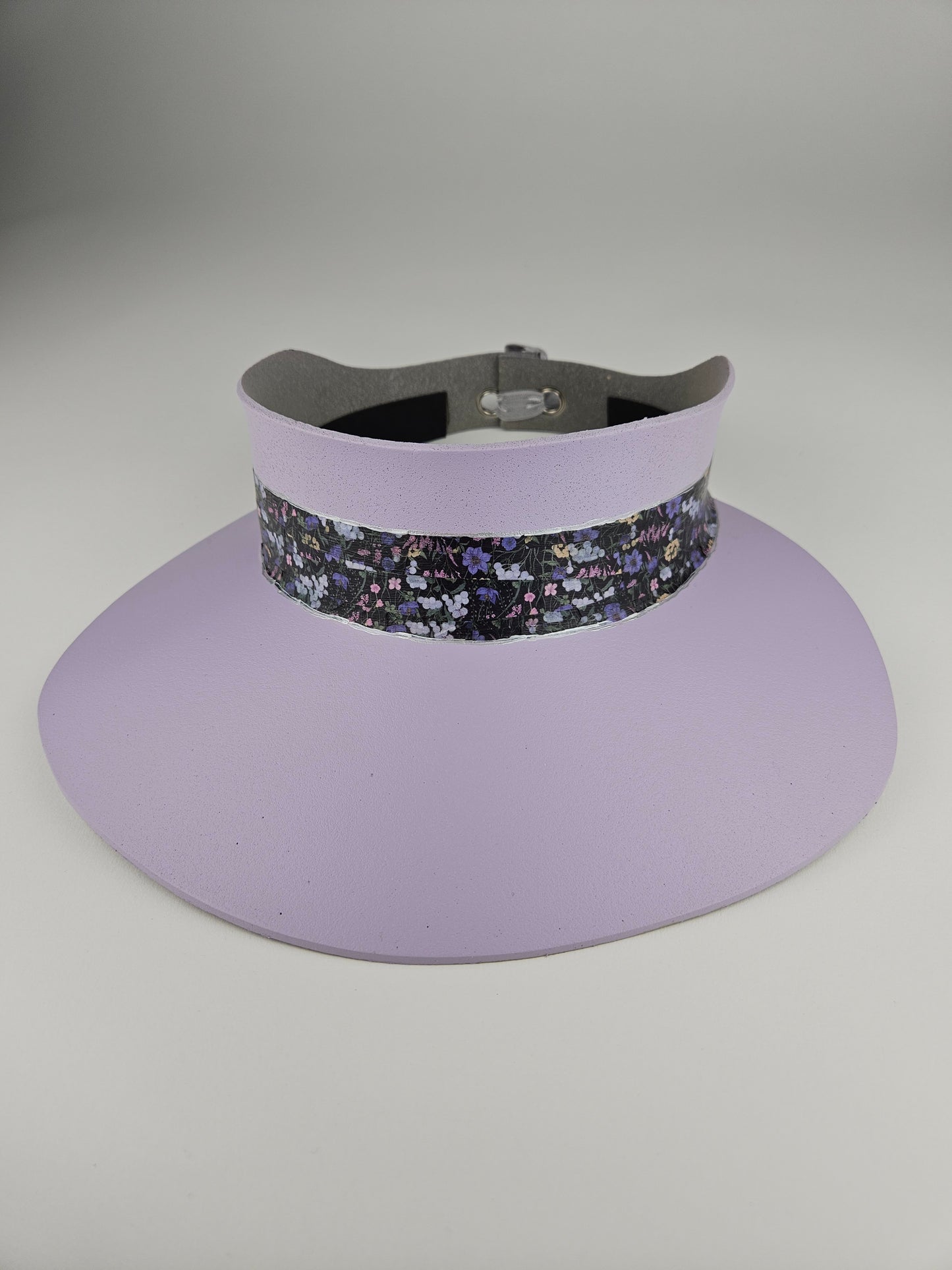 Lilac Purple "LadyEVA" Visor Hat with Black and Multicolor Floral Band