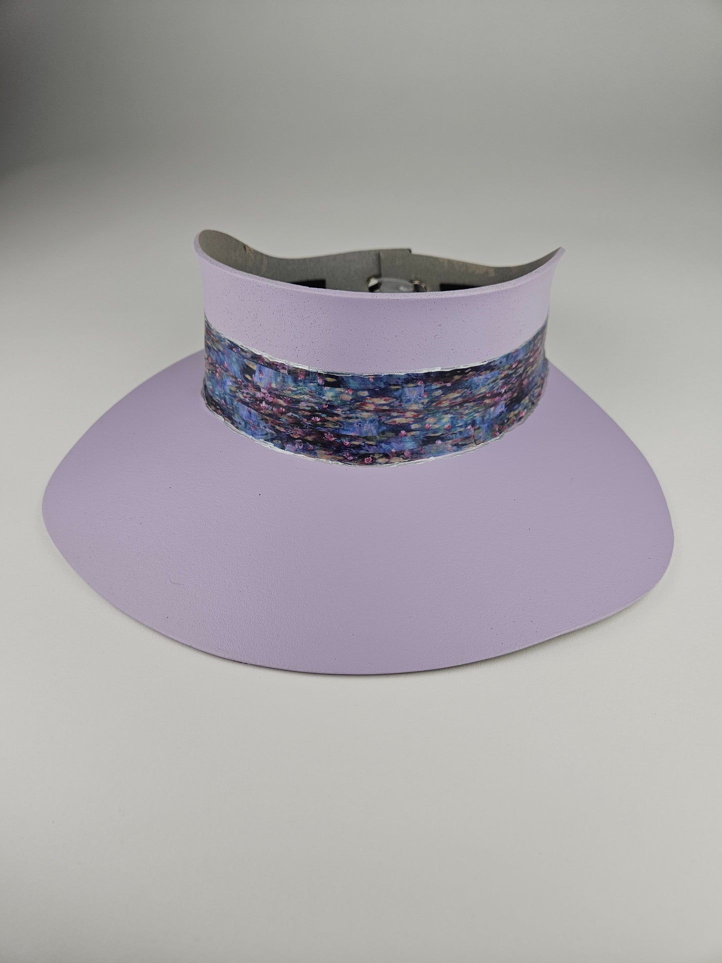 Tall Lilac Purple Audrey Sun Visor Hat with Elegant Multicolor Monet Style Band: 1950s, Walks, Brunch, Asian, Golf, Summer, Church, No Headache, Pool, Beach