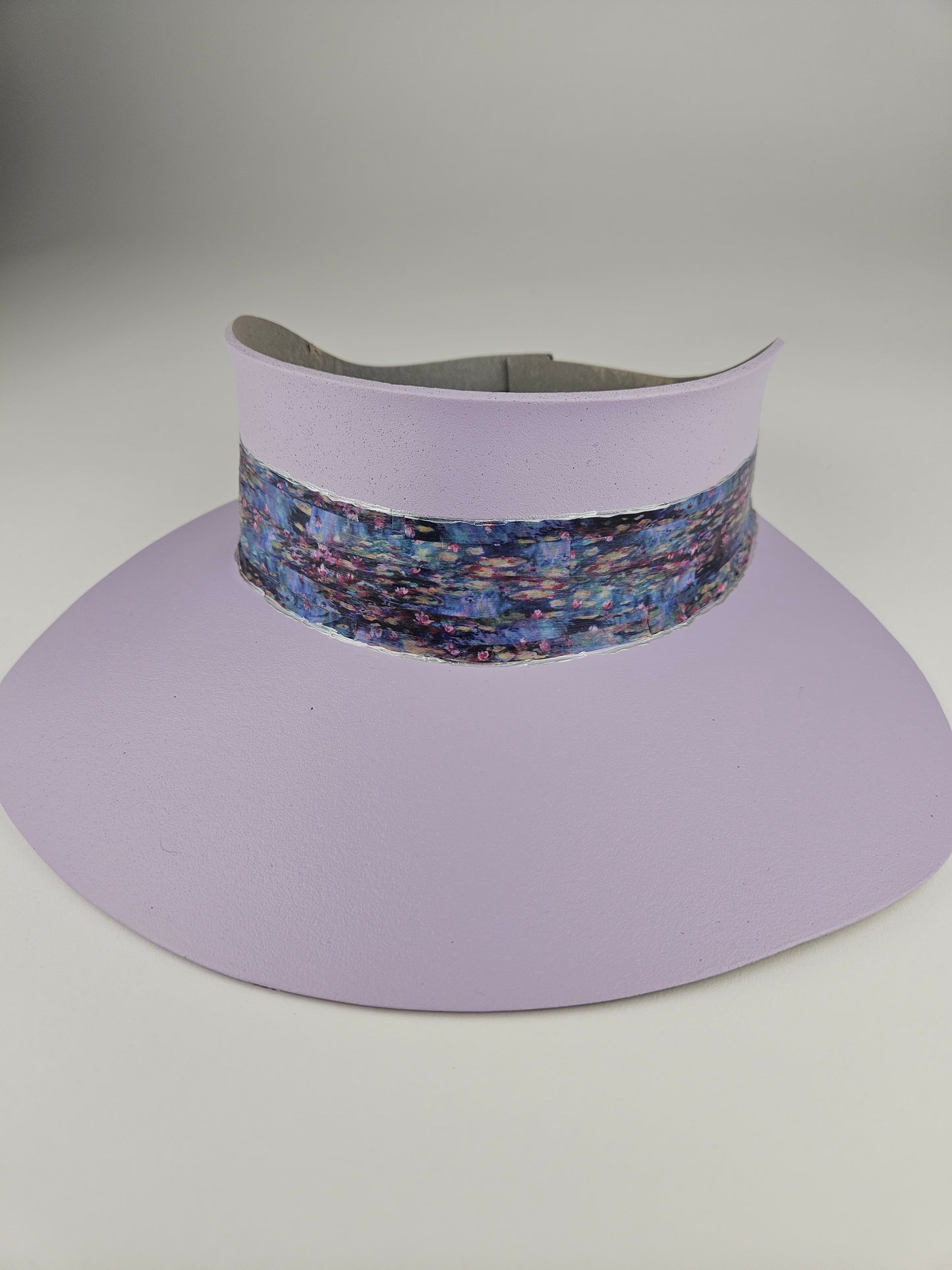 Tall Lilac Purple Audrey Sun Visor Hat with Elegant Multicolor Monet Style Band: 1950s, Walks, Brunch, Asian, Golf, Summer, Church, No Headache, Pool, Beach