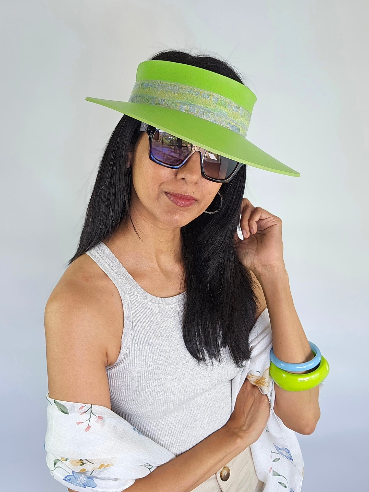 Neon Green Audrey Sun Visor Hat with Lovely Monet Style Floral Band: Tea, Walks, Brunch, Asian, Golf, Summer, Church, No Headache, Pool, Beach