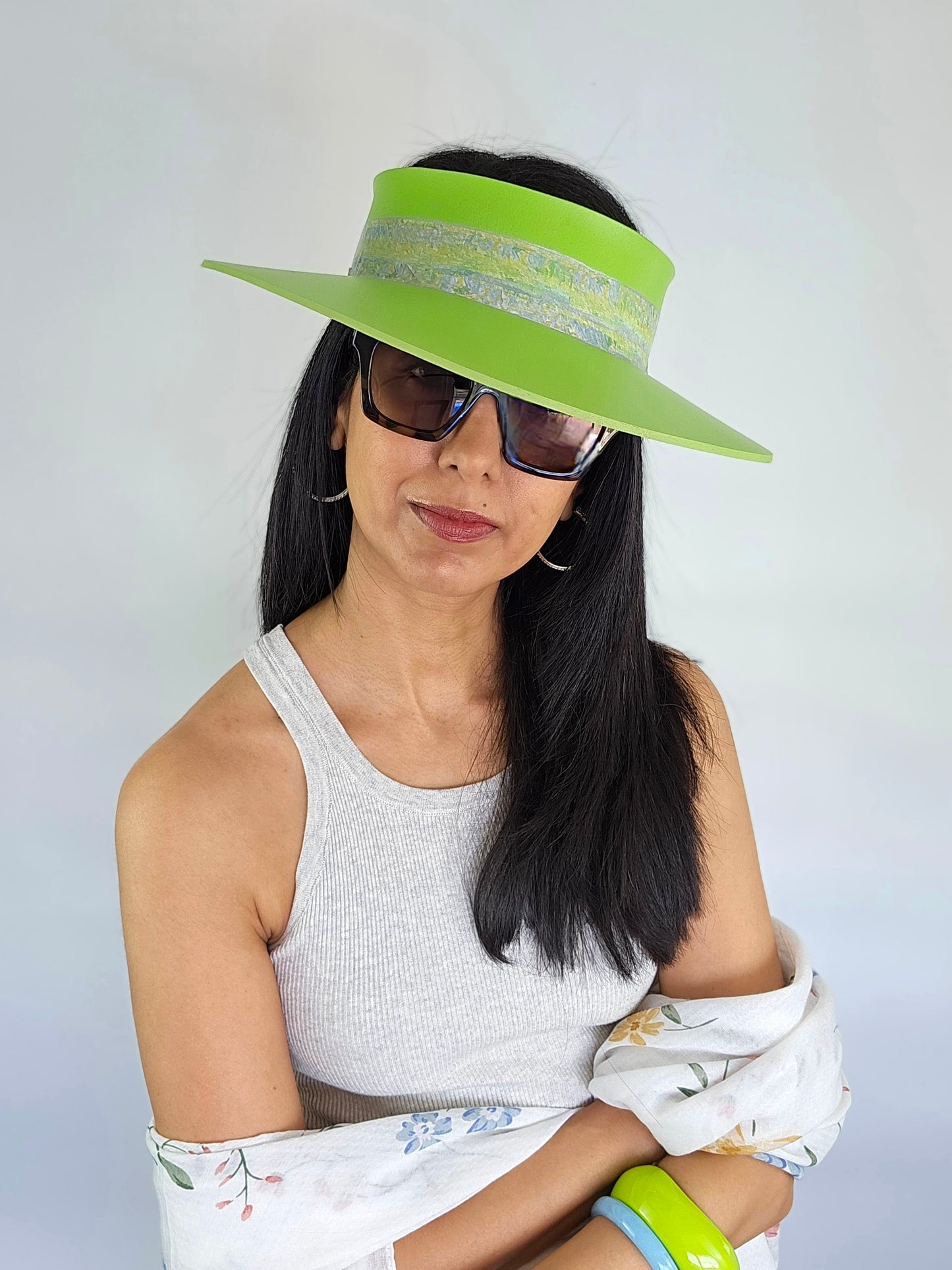 Neon Green Audrey Sun Visor Hat with Lovely Monet Style Floral Band: Tea, Walks, Brunch, Asian, Golf, Summer, Church, No Headache, Pool, Beach