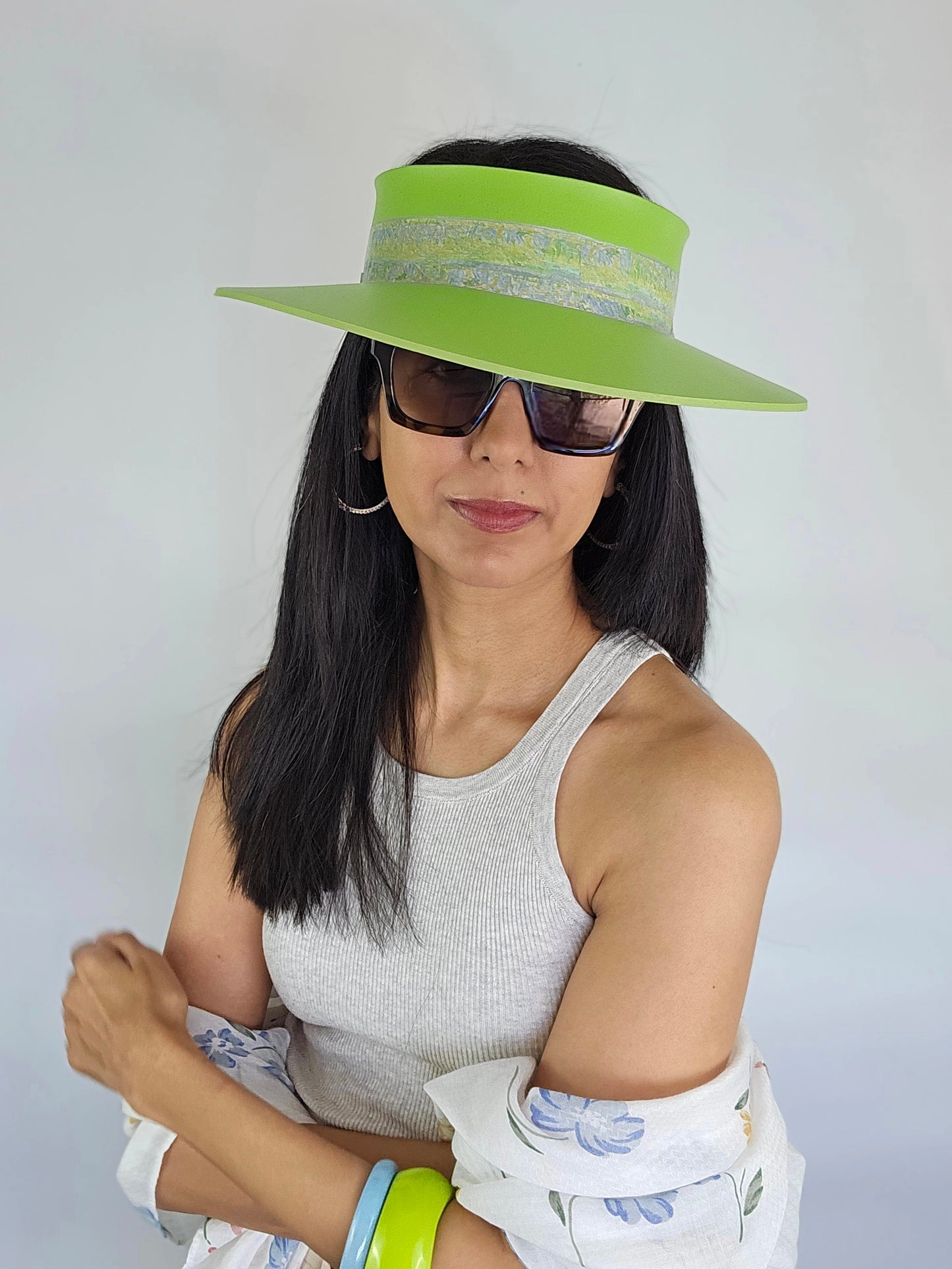 Neon Green Audrey Sun Visor Hat with Lovely Monet Style Floral Band: Tea, Walks, Brunch, Asian, Golf, Summer, Church, No Headache, Pool, Beach