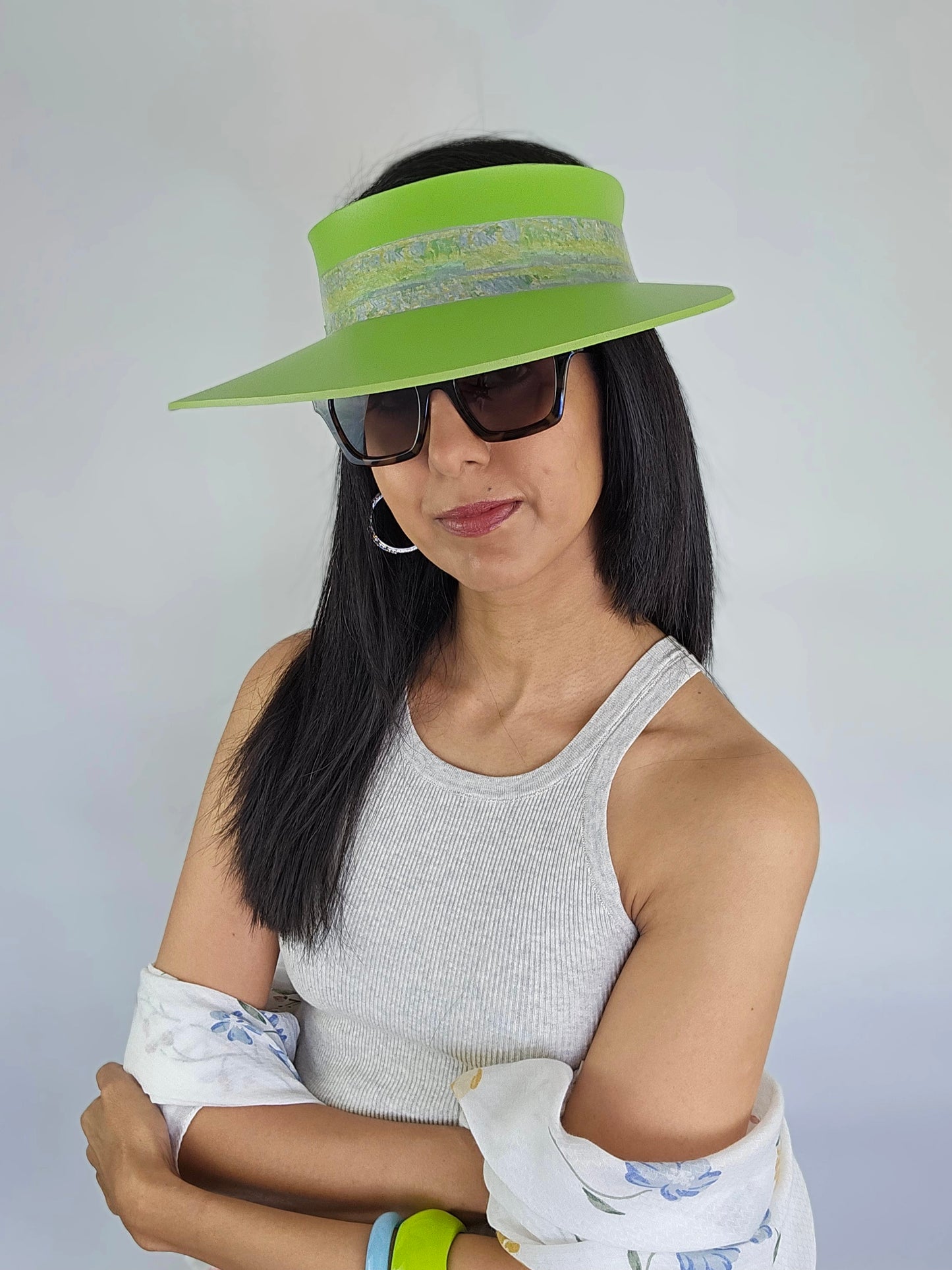 Neon Green Audrey Sun Visor Hat with Lovely Monet Style Floral Band: Tea, Walks, Brunch, Asian, Golf, Summer, Church, No Headache, Pool, Beach