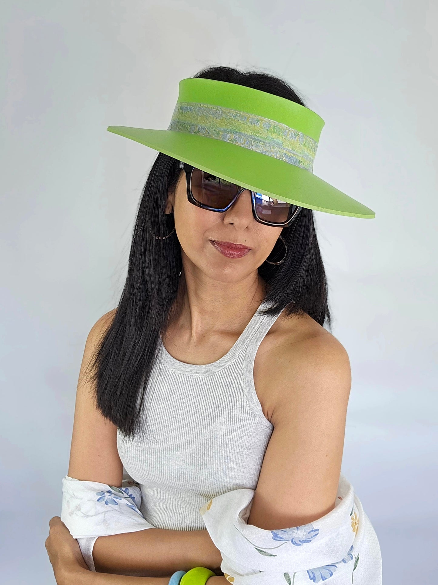 Neon Green Audrey Sun Visor Hat with Lovely Monet Style Floral Band: Tea, Walks, Brunch, Asian, Golf, Summer, Church, No Headache, Pool, Beach