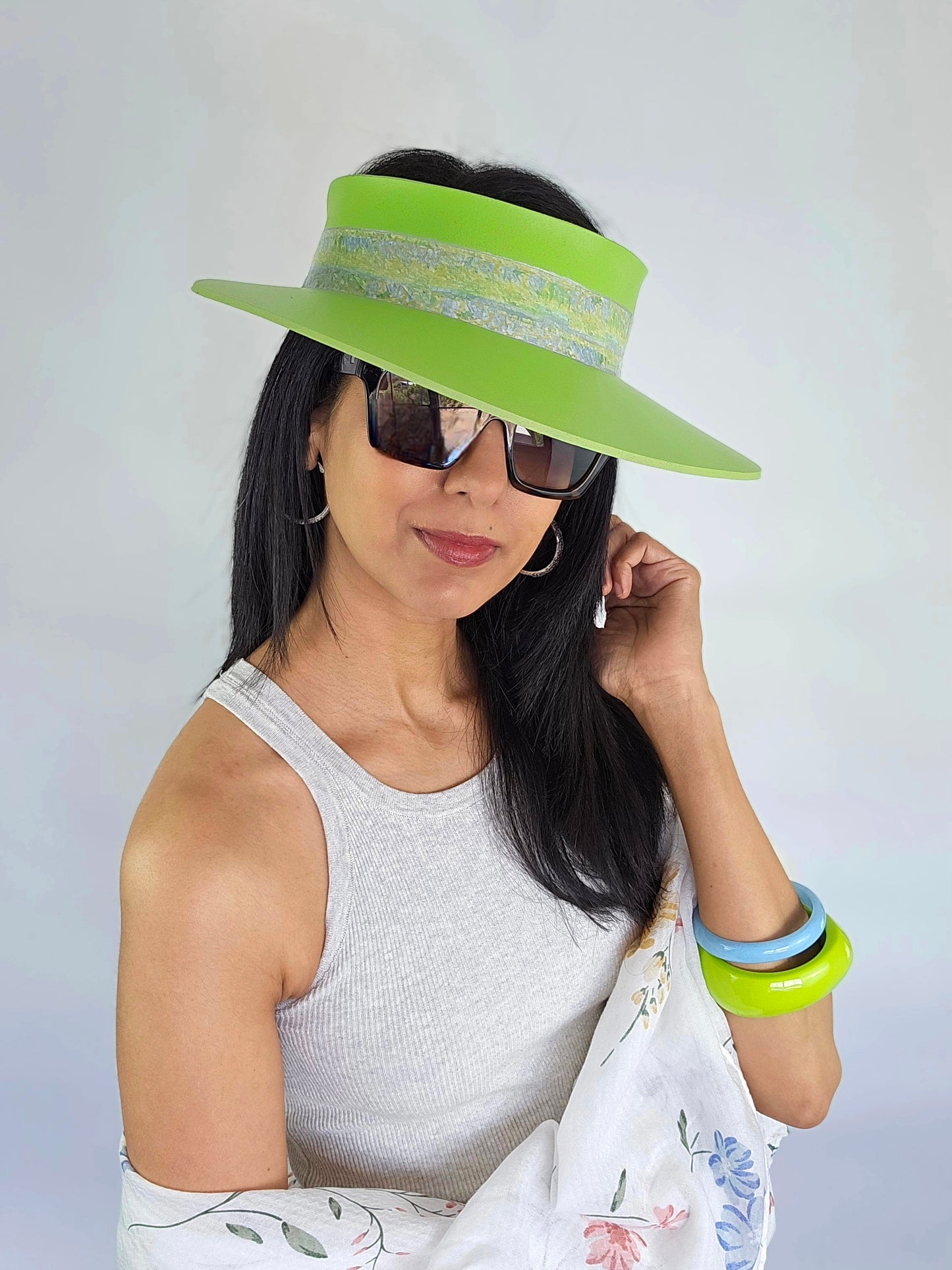 Neon Green Audrey Sun Visor Hat with Lovely Monet Style Floral Band: Tea, Walks, Brunch, Asian, Golf, Summer, Church, No Headache, Pool, Beach